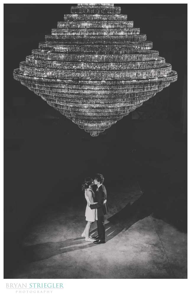wedding photo with chandelier at Legacy Acres